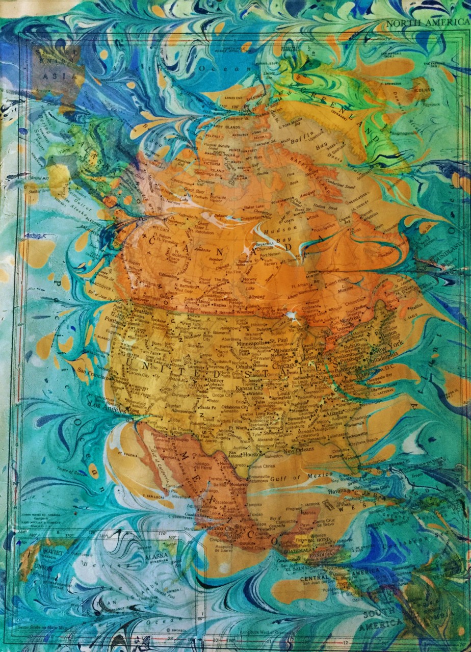 This is my favorite of all the prints. It's a page from a discarded atlas with marbling over the top.